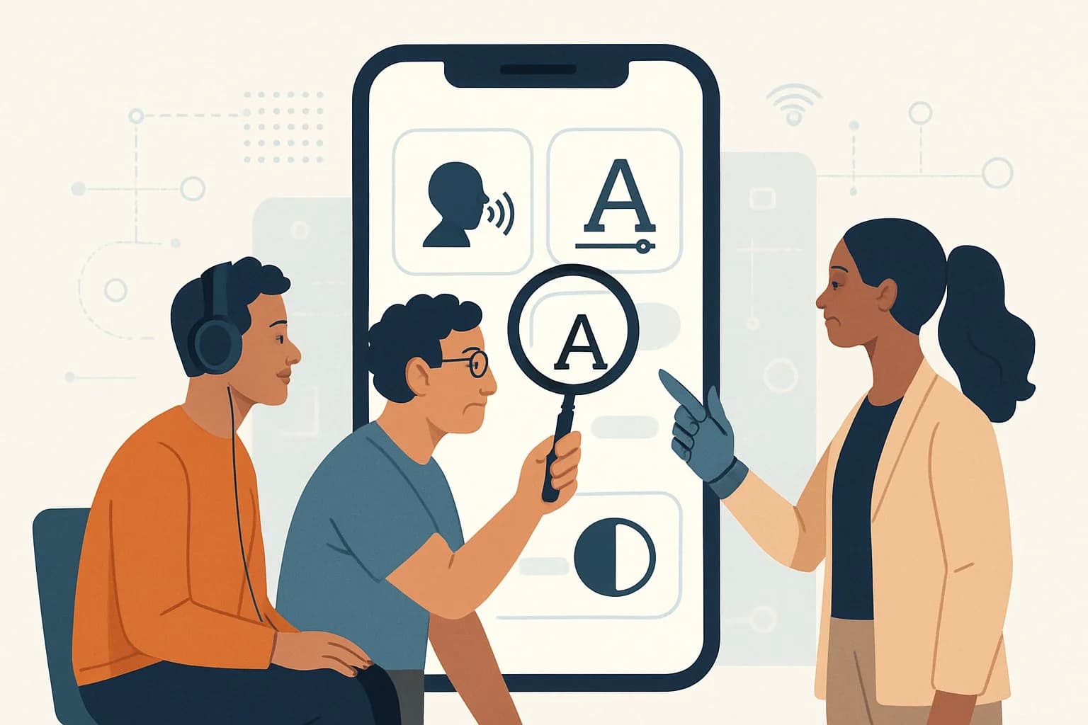 People with different abilities using a smartphone with accessibility features like voice commands and magnified text.